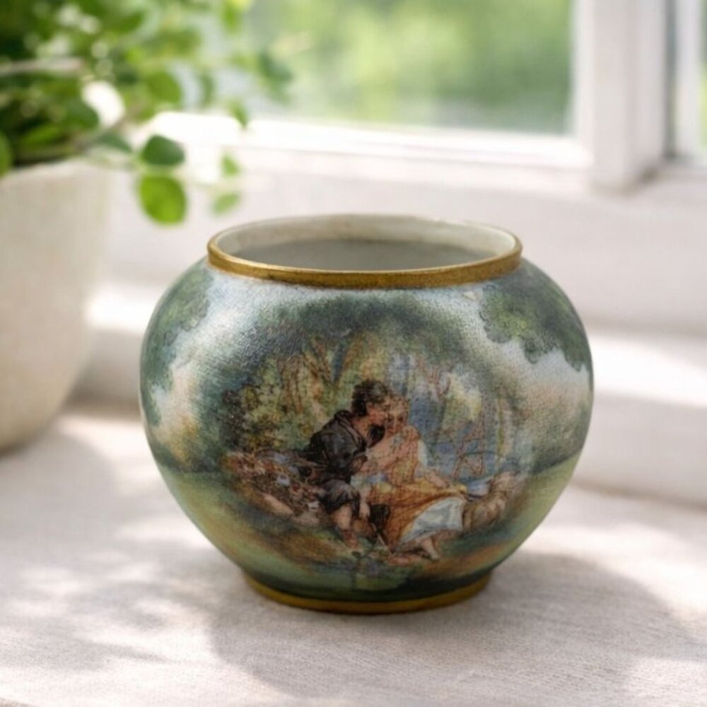 Vintage Hand Painted Ceramic Vase Romantic Couple Scene Bavaria Gold Trim Signed